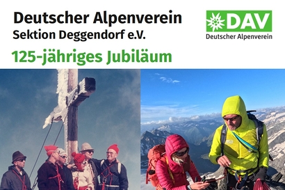 Das Bild zeigt den 125-jährigen Jubiläum des Deutschen Alpenvereins, dargestellt durch historische und aktuelle Fotos von Bergsteigern.